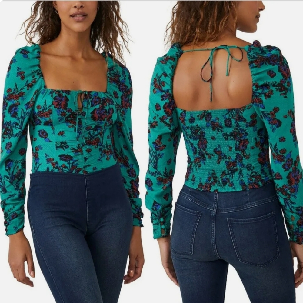 Free People Floral Square Neck Top W/ Keyhole Tie Detail & Soft Shirring
